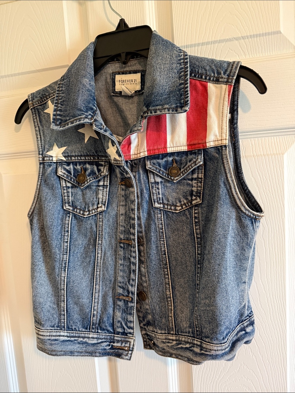 Forever 21 Blue Denim Vest with Red & White Flag Accents